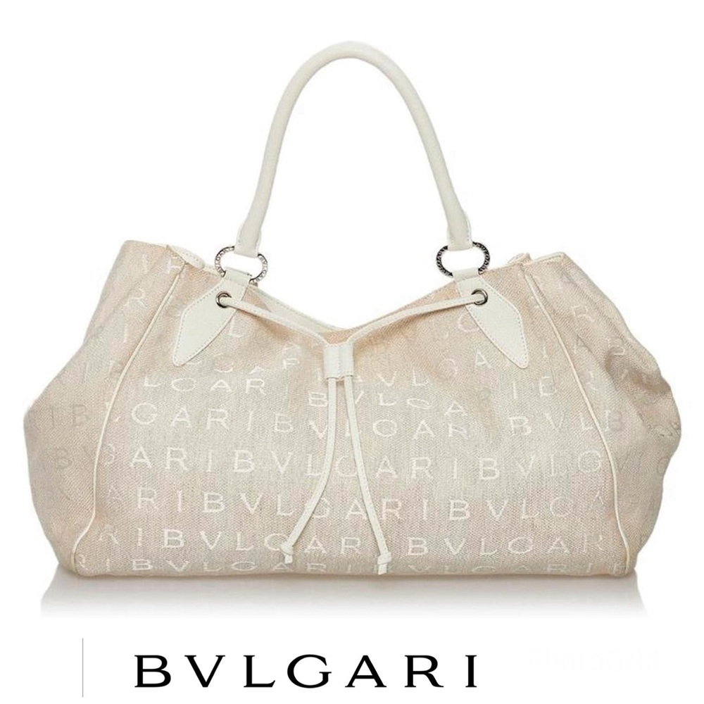 BVLGARI Logo Mania Off White Canvas w Leather Trim Drawstring Large Shoulder Bag